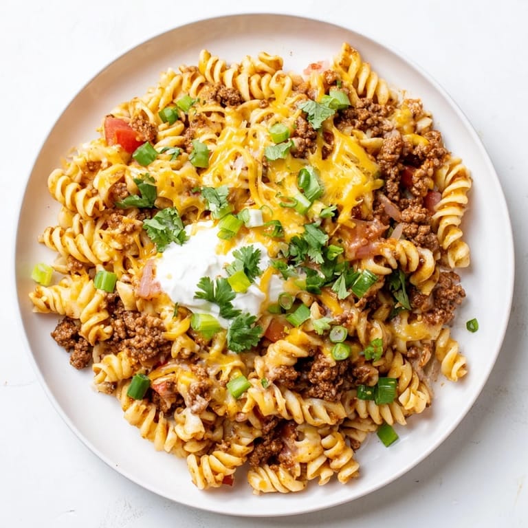 A bubbling cheesy taco pasta skillet, complete with browned ground beef and melted cheddar cheese.