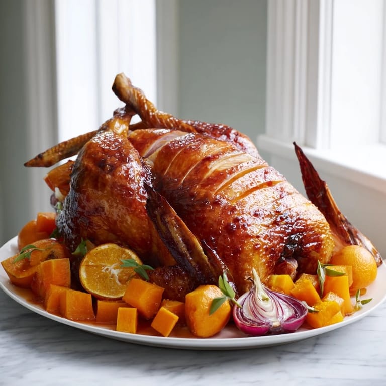 The sheet-pan roasted turkey breast is surrounded by colorful roasted winter vegetables, ready to serve.