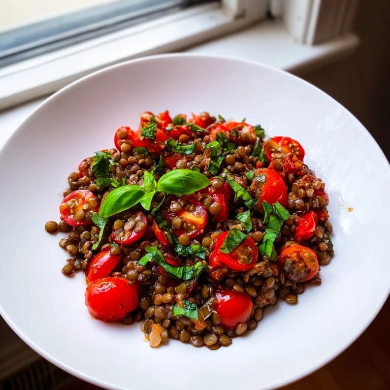 Vibrant Lentil-Tomato Skillet displays juicy tomatoes, tender lentils, and fresh herbs, a Mediterranean delight.
