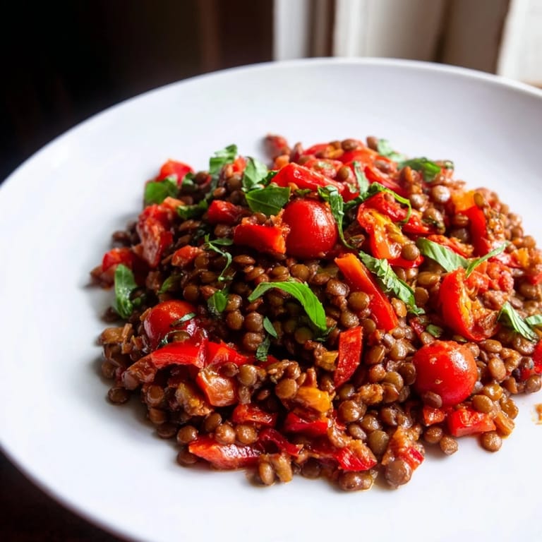 One-pan Lentil-Tomato Skillet with a rich tomato sauce, served with crusty bread, perfect for dinner tonight.
