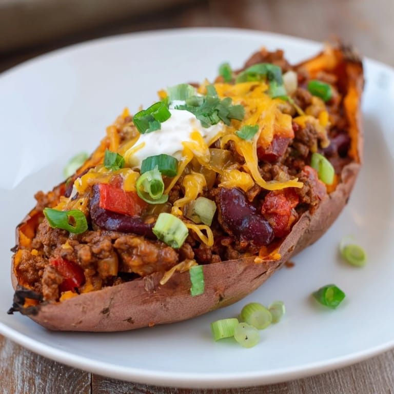 Garnished Baked Sweet Potato Stuffed with Chili, a perfect serving suggestion for a satisfying meal.