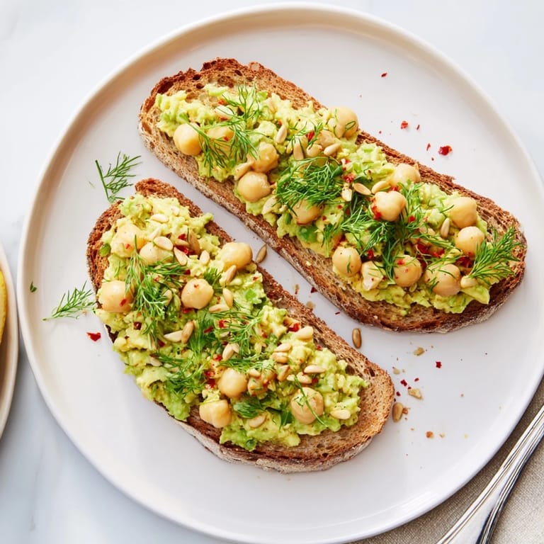 A close-up view of fresh avocado toast, generously topped with herbed chickpeas for lunch.