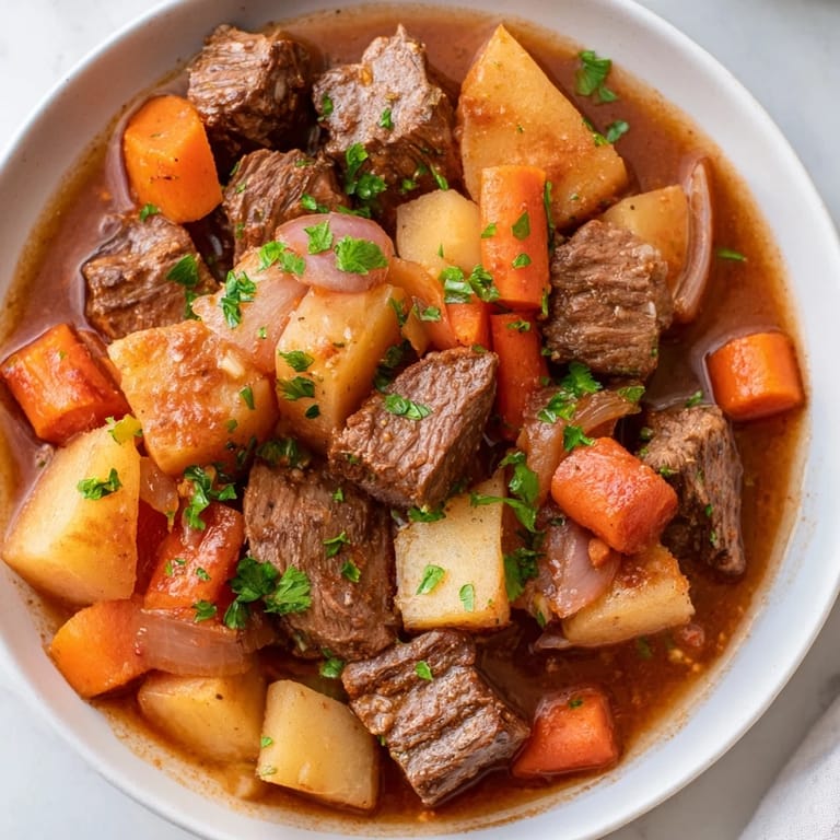 A close-up of steaming Instant Pot Beef Stew showcasing tender beef and colorful veggies.