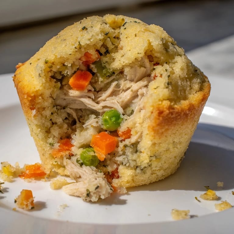 Miniature Chicken Pot Pie Cornbread Muffins with a fluffy cornbread exterior and chicken filling.