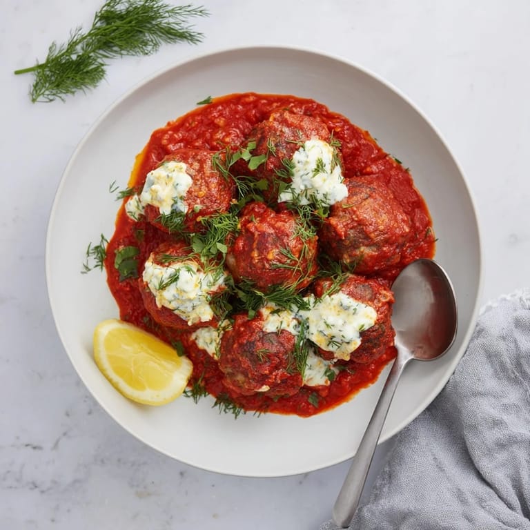 Steaming Instant Pot Greek-Style Meatballs with a rich tomato sauce, ready to be topped with feta.