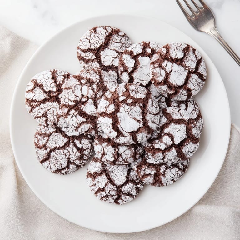 A plateful of soft, fudgy chocolate crinkle cookies, a classic American dessert, perfect with milk.