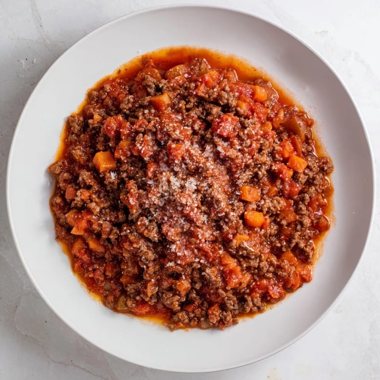 Hearty Classic Tuscan Ragu, fragrant with herbs, is pictured ready to be served over polenta.