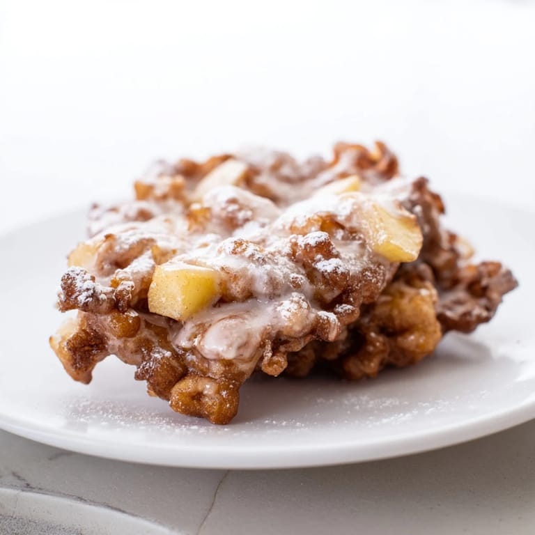 Picture a plate of freshly made apple fritters, showcasing tender apple chunks and a sugary glaze.