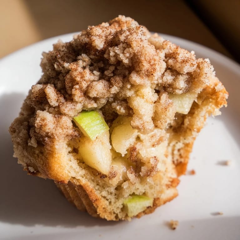 Close-up of fluffy tasty apple muffins, showcasing the juicy apples and buttery crumb topping details.