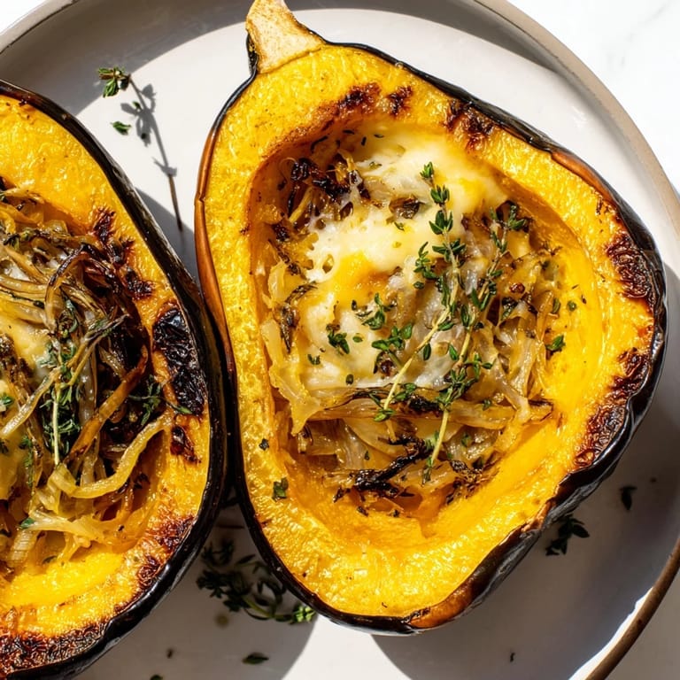 The savory aroma of Caramelized Onion Gruyere Squash emanates from a baked acorn squash, ready to serve.