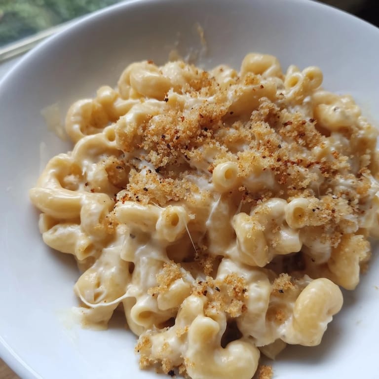 A close-up view of a comforting bowl of Easy Tinis Mac & Cheese, cheesy and rich, perfect for lunch.