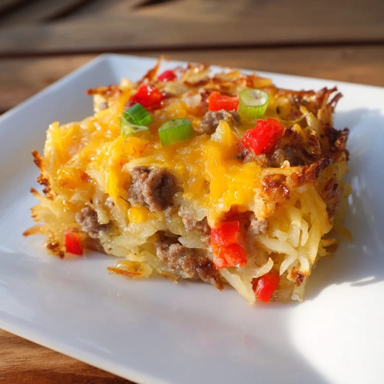 A hearty Christmas morning spread: delicious Quick Christmas Morning Hash Brown Bake with perfectly cooked eggs and veggies.