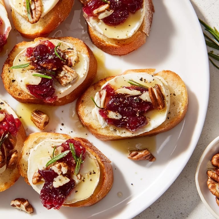 A close-up of festive Quick Cranberry Brie Crostini, ready to serve with melted Brie and sweet cranberry topping.