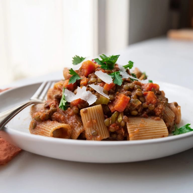 Serving suggestion: A rustic plate of whole wheat pasta topped with flavorful High-Fiber Lentil Bolognese.