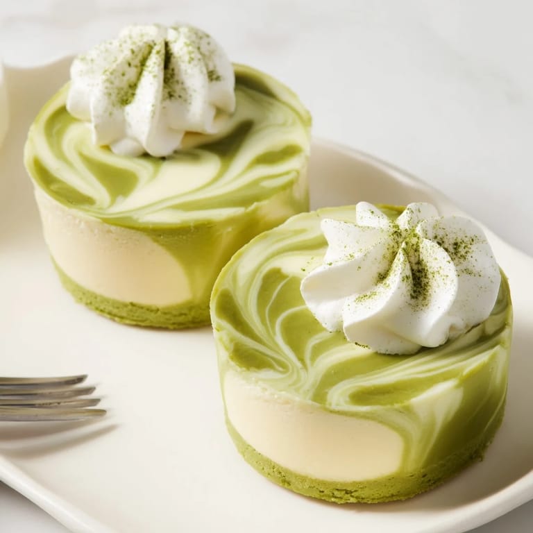 These elegant Matcha Swirl Snowdrift Cheesecake Cups offer a creamy texture and delicious taste, ready to serve!
