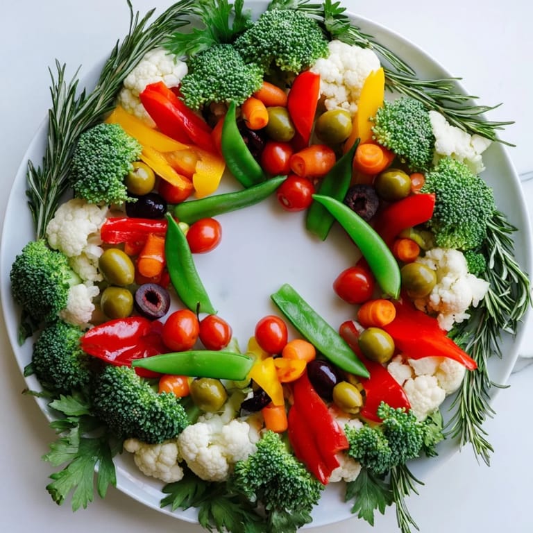 Vibrant Garland Veggie Wreath featuring bright bell peppers, tomatoes, and broccoli, sure to impress.