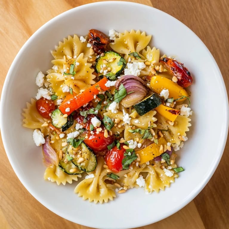 A complete Festive Bow Tie Pasta meal: tender bow ties with roasted veggies and toasted pine nuts.