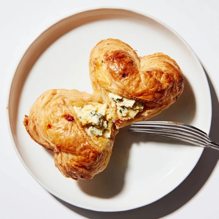 Served warm, these beautiful Cœurs Entrelacés pastries feature flaky layers and a savory goat cheese filling.