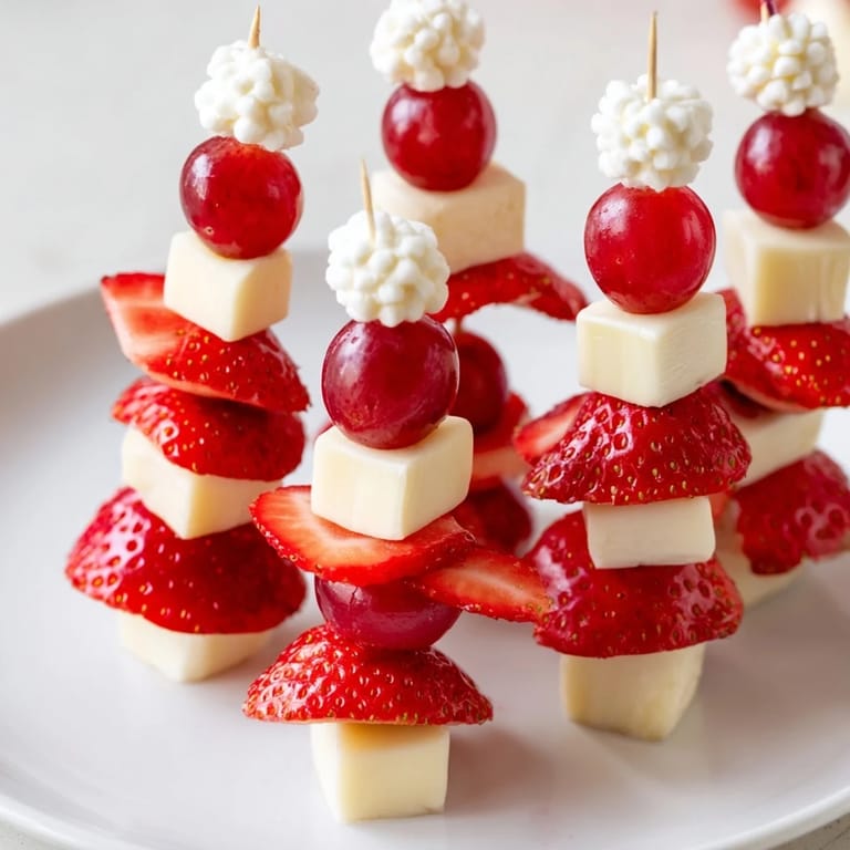 Close-up of a Santa Hat Fruit and Cheese Platter: Juicy strawberries with grapes atop creamy mozzarella for a fun snack.