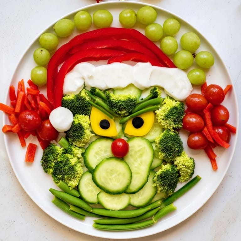 Festive Savory Crudités Grinch Face platter bursting with colorful veggies like broccoli, snap peas, and sweet cherry tomatoes.