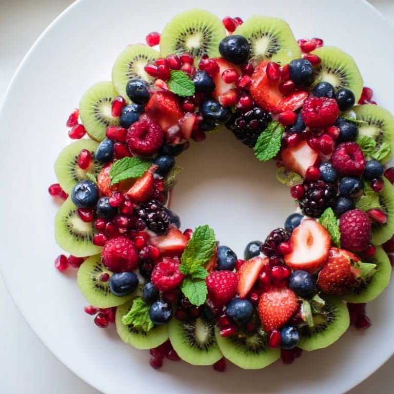 Vibrant kiwi and berry holiday wreath, perfectly balanced with juicy strawberries and blueberries too.