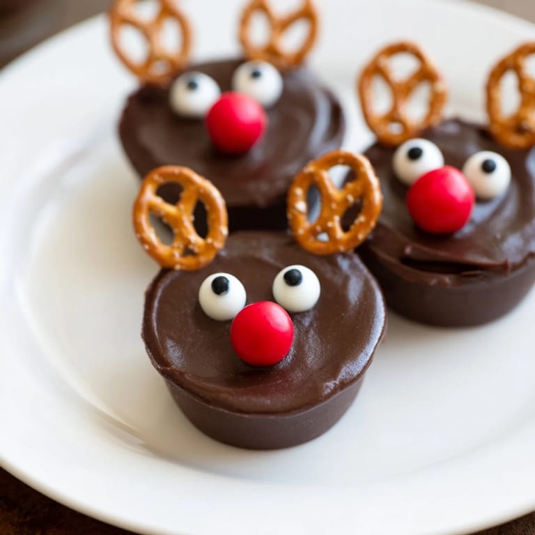 Enjoy delightful chocolate reindeer pudding cup faces surrounded by tasty garnishes on a party-ready platter.