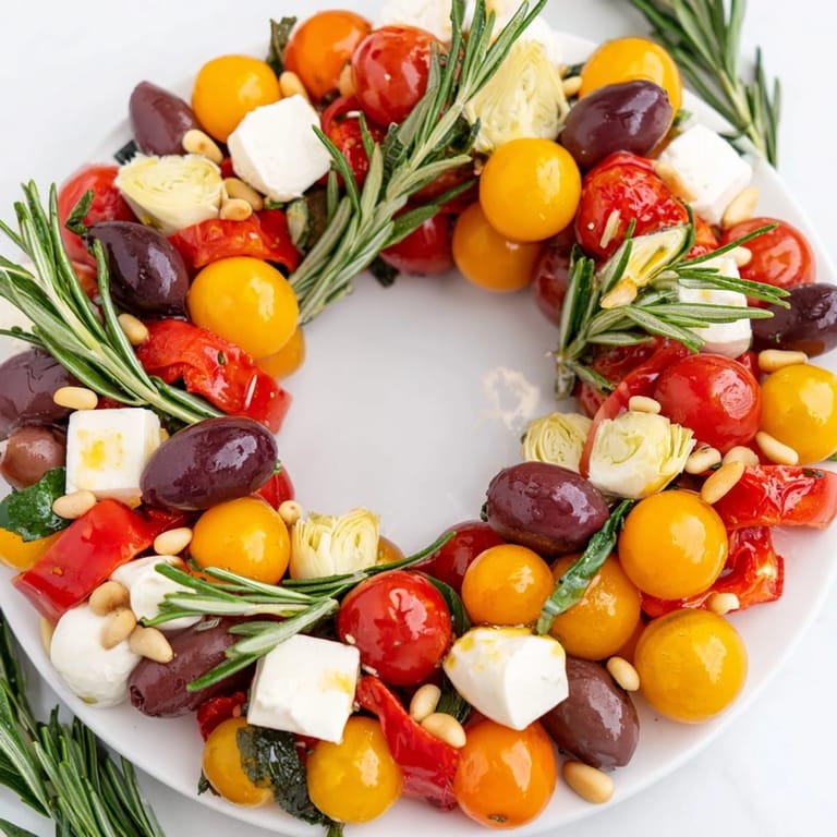 Beautifully arranged Olive and Cherry Tomato Garland Board, showcasing a colorful Mediterranean appetizer with various cheeses and herbs.