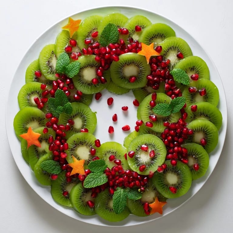 Vibrant Christmas wreath fruit plate displays kiwi and pomegranate for a fresh, festive dessert.