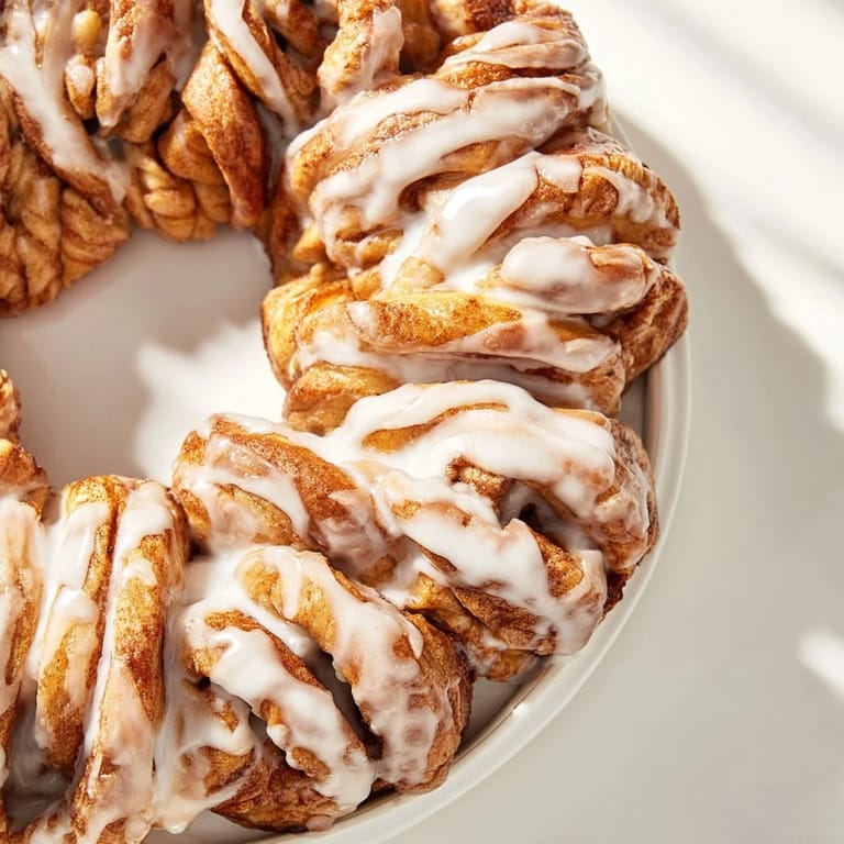 Warm cinnamon roll wreath, spiraled and inviting, with a generous drizzle of sweet vanilla icing.