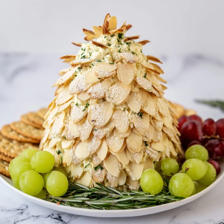 Imagine the charming Snowy Pinecone Centerpiece, a holiday appetizer with almonds and grapes arranged around.