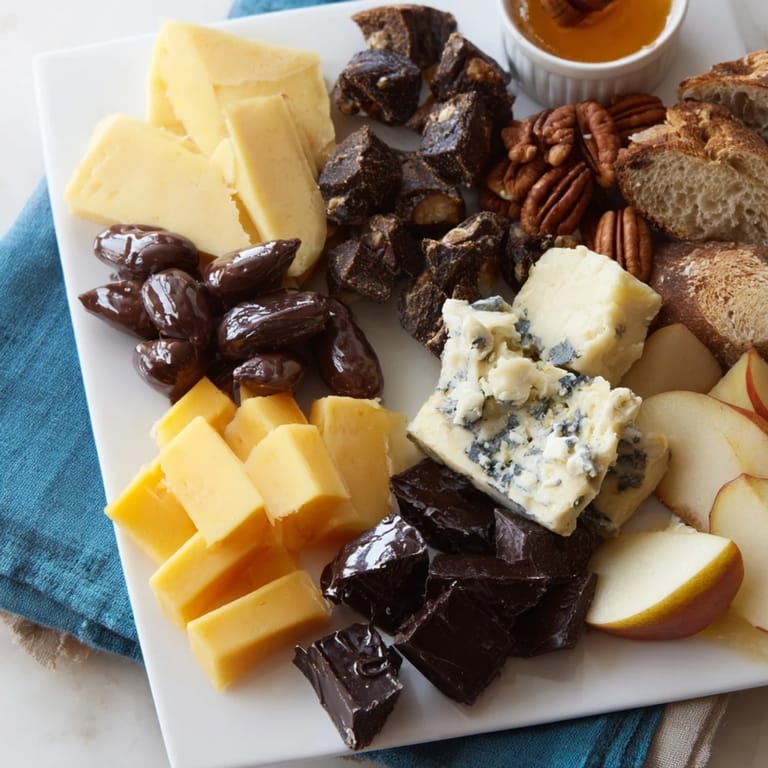 A close up shows the delicious fireside comfort & cocoa arrangement with cheeses and dark chocolate.