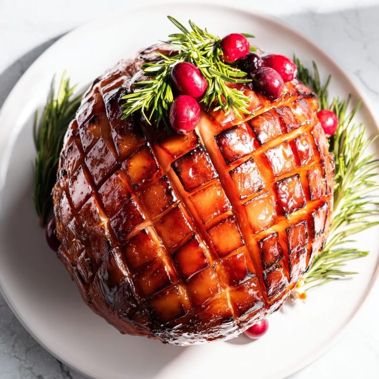 Served on a rustic board, the richly glazed ham centerpiece is a delicious and pretty offering.