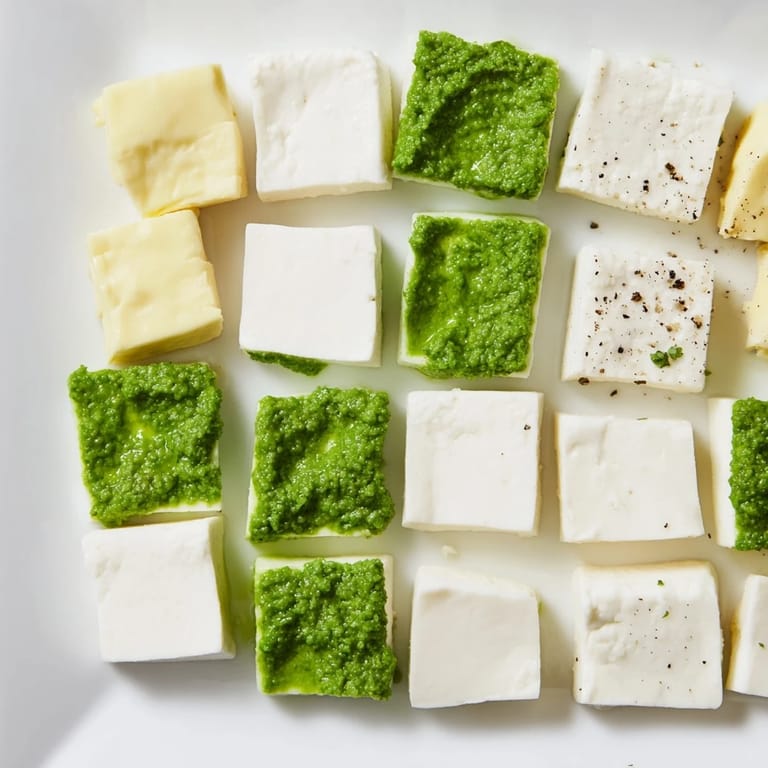 Freshly arranged Checkerboard Garden appetizer, showcasing creamy white cheeses and a bright green herb filling, so inviting.