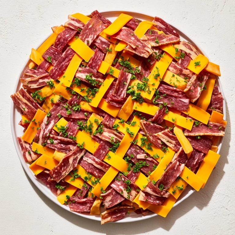 Savory strips compose the The Tartan Plaid, a creative appetizer featuring assorted jerky and cheeses.
