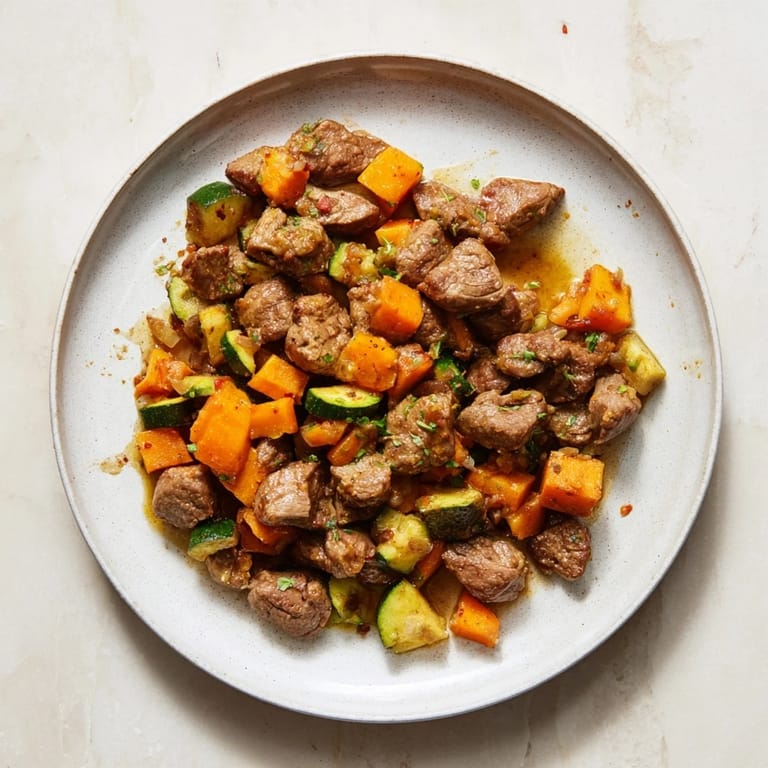 Homemade sweet lamb platter for baby: Mildly seasoned lamb stew with colorful diced veggies.