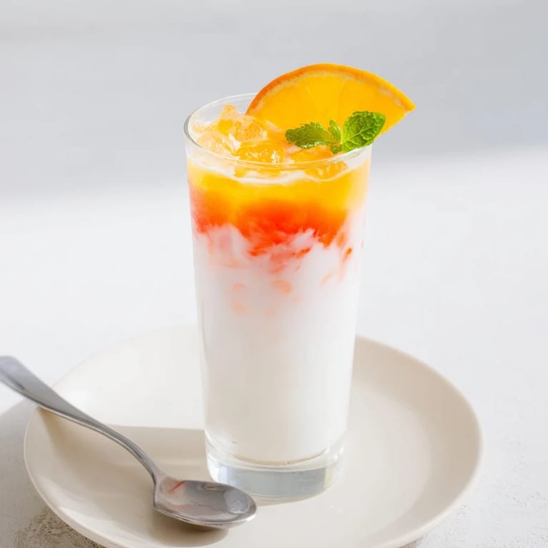 Imagine vibrant colors in The Alpine Sunrise, a beautiful mocktail with coconut and orange juice.