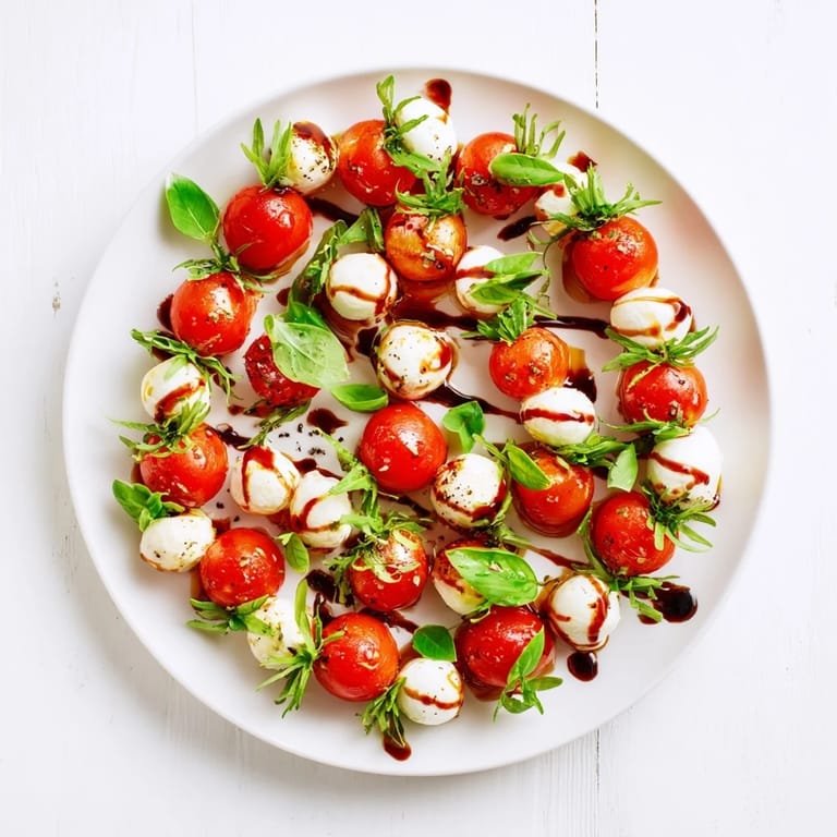 A close-up view of the Pearly Strand salad, showcasing mozzarella pearls' creamy texture and fresh basil.