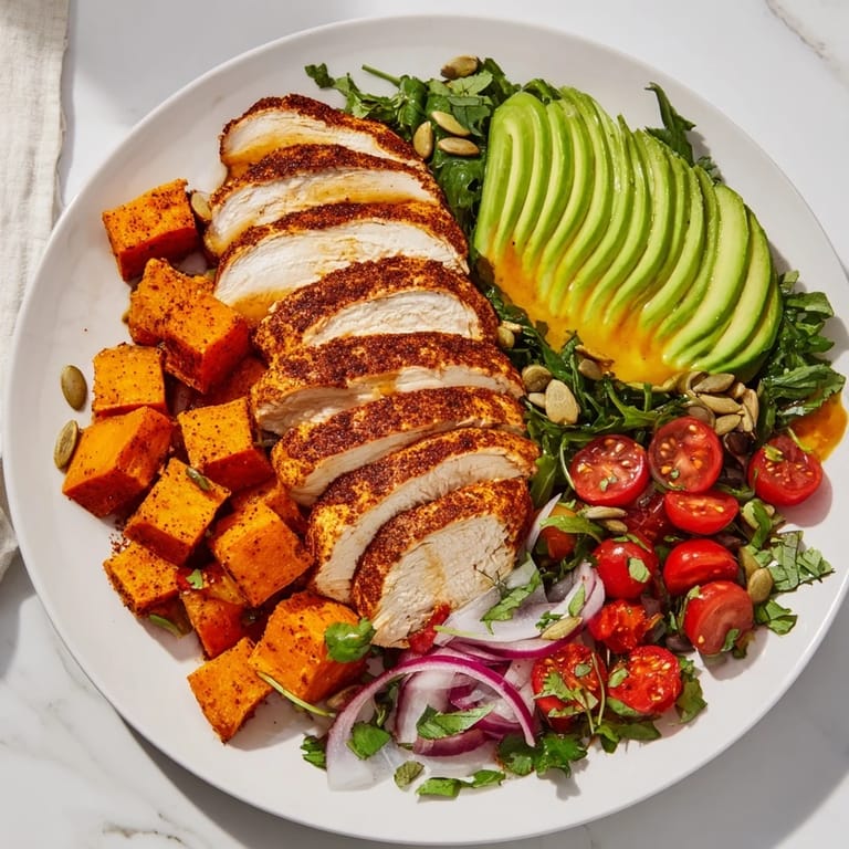 A colorful Avocado and Sweet Potato Chicken Bowl featuring avocado slices and fresh cilantro, is ready to be eaten.