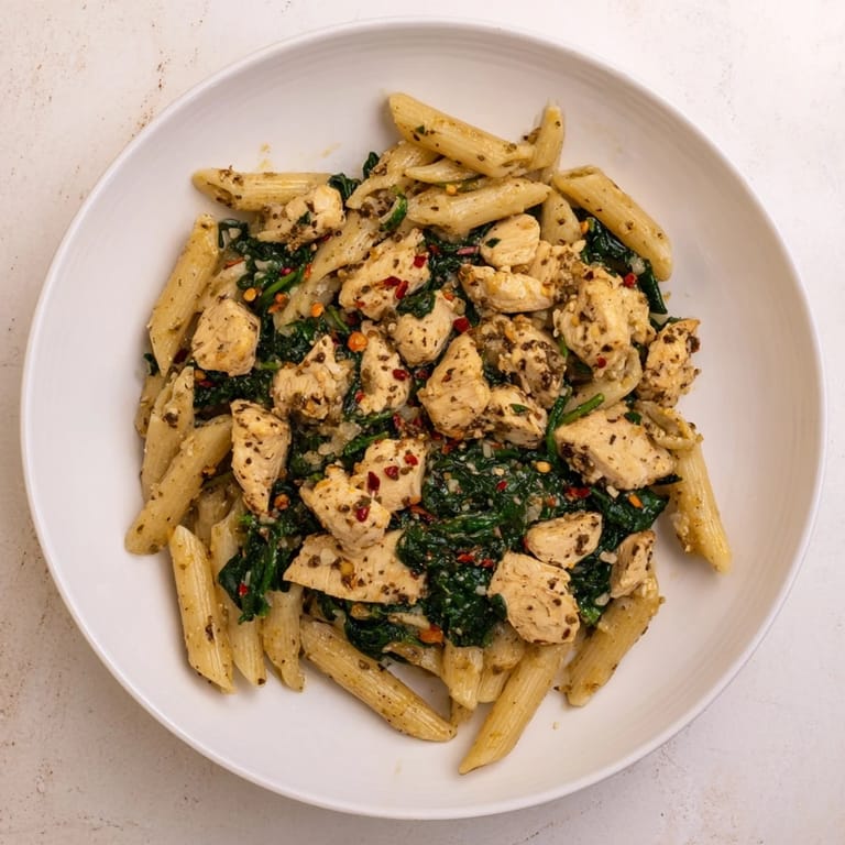 Fragrant and hearty One-Pot Spinach and Chicken Pasta, ready to warm you on a chilly night.
