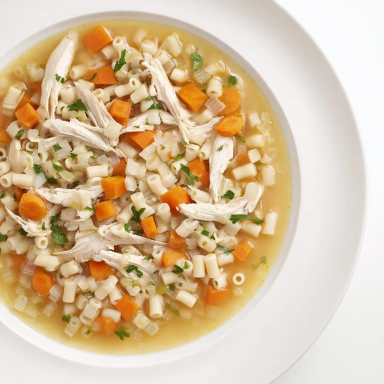 Close-up of a flavorful Chicken and Ditalini Flu Fighter Soup, garnished with fresh parsley and lemon wedges.