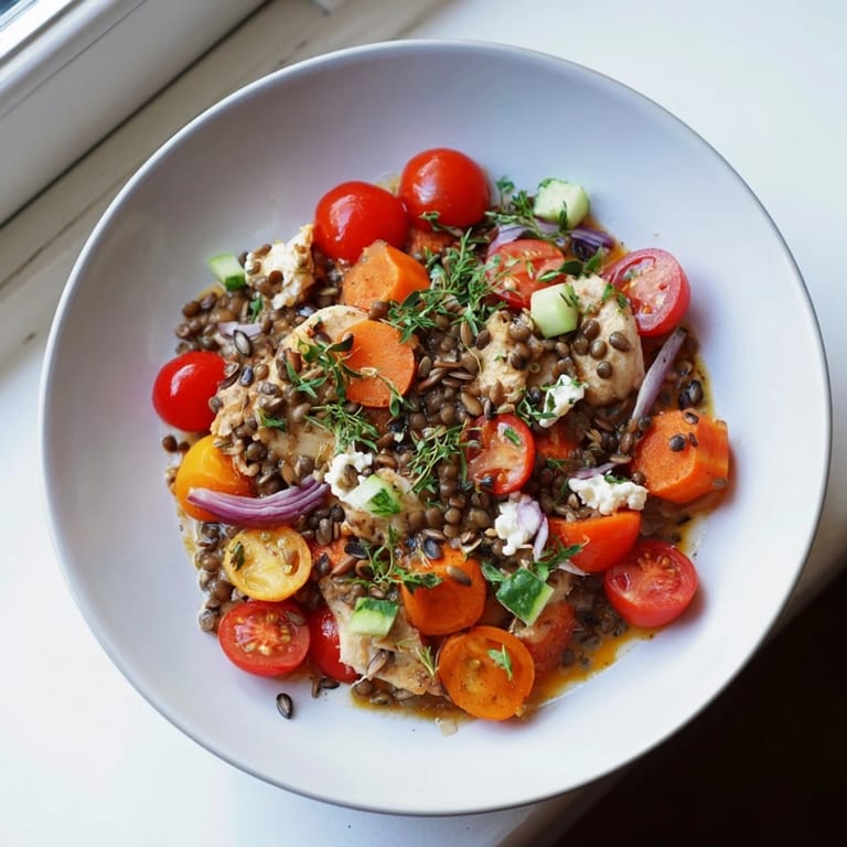 A close-up of a refreshing Chicken and Lentil Recession Salad, ready to be tossed with the zesty dressing.
