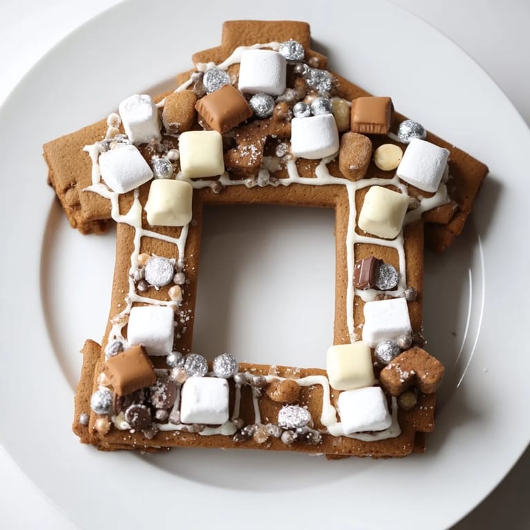 Showcasing a freshly baked and decorated gingerbread house frame to complement a holiday dessert tray.