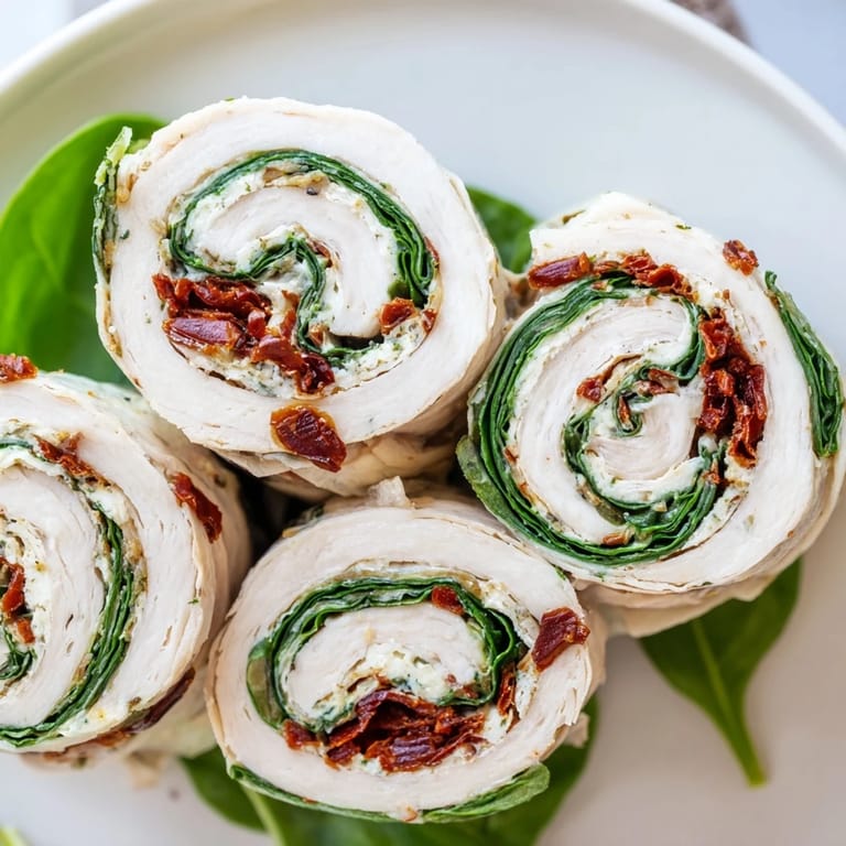 These easy sun-dried tomato turkey roll-ups feature delicious, colorful fillings perfect for a quick snack.