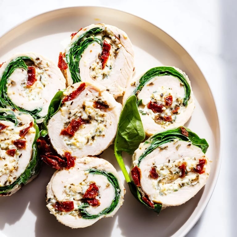 Close-up of freshly sliced sun-dried tomato turkey roll-ups, showcasing the textures and flavors, ready to enjoy.