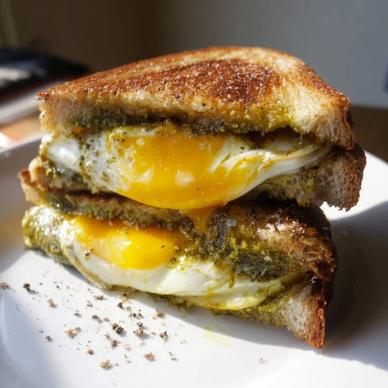 A warm, melty Pesto Egg Grilled Cheese sandwich—savory pesto eggs paired for a quick and satisfying lunch.