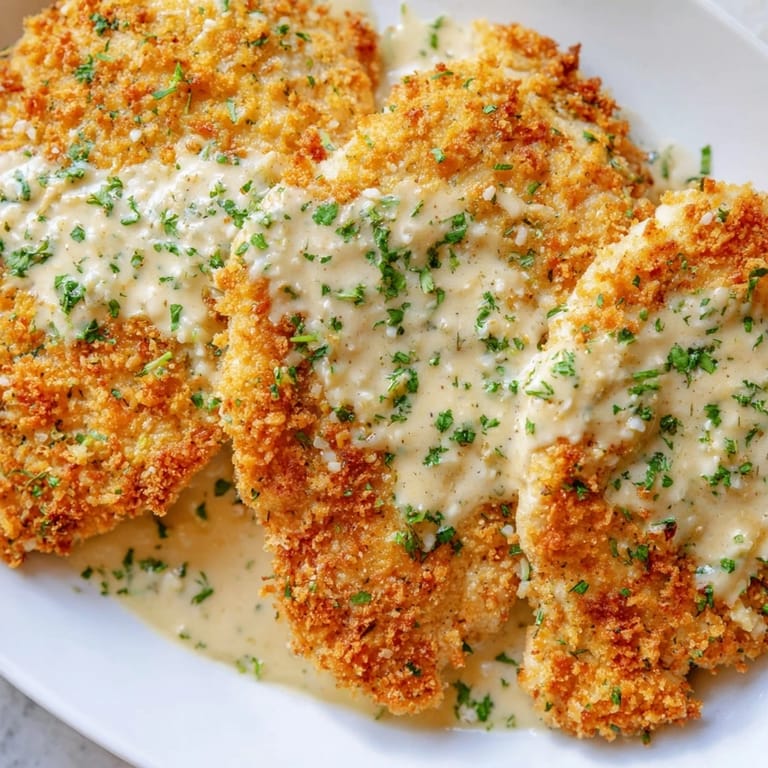 Delicious Crispy Chicken with Garlic Cream Sauce, served on a plate with fresh parsley garnish.