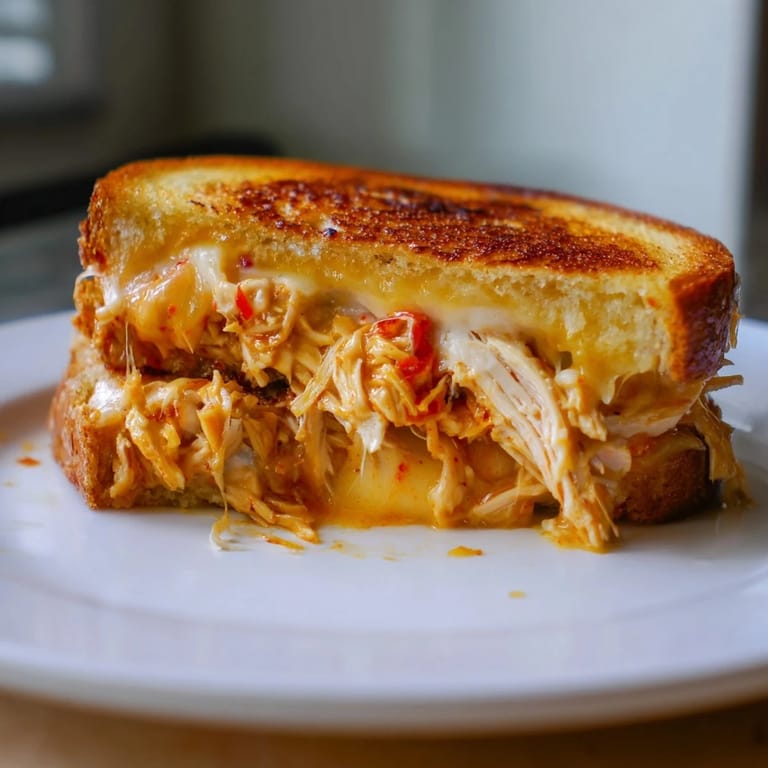 Perfectly golden grilled Chili Crisp Honey Chicken Grilled Cheese with melted cheese oozing out, ready to eat.