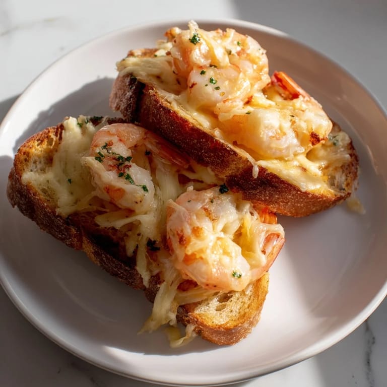 Close-up of a warm Quick Shrimp Grilled Cheese, showing the delightful toasted bread and savory filling.