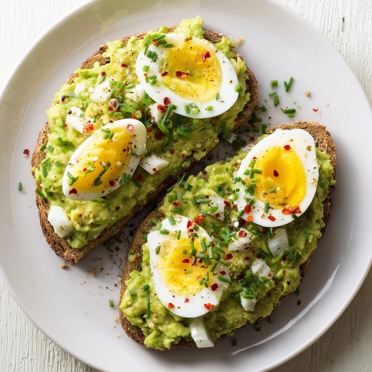 Freshly made avocado egg smash, garnished with chives, ready for a healthy light lunch.
