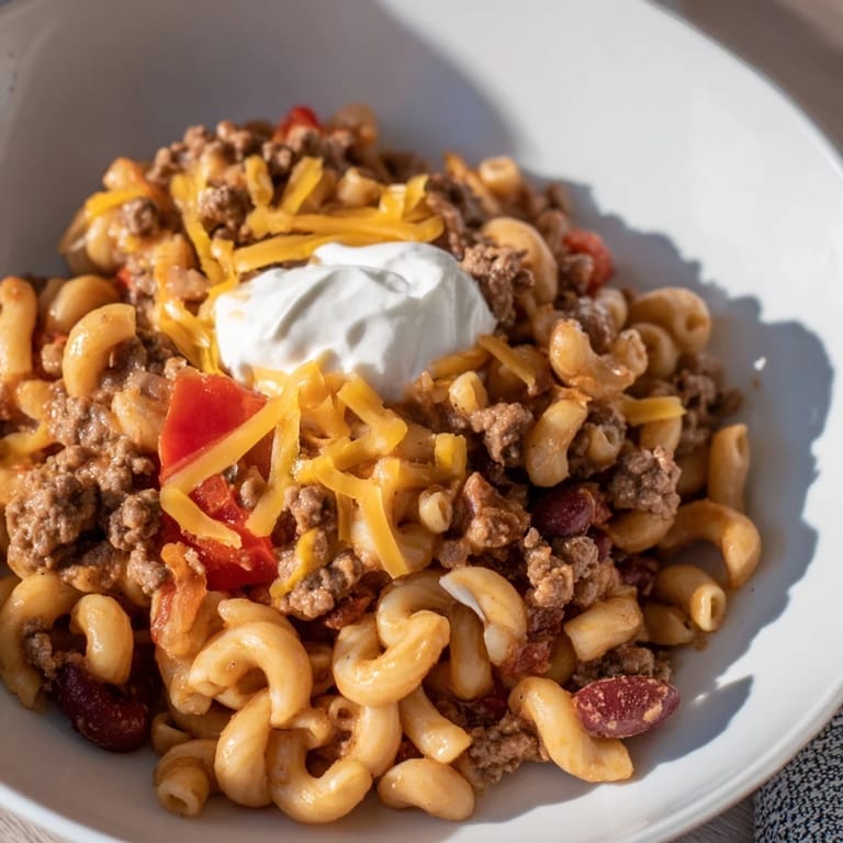 A close-up of cheesy one-pot chili mac, a warm, family-friendly dinner idea.